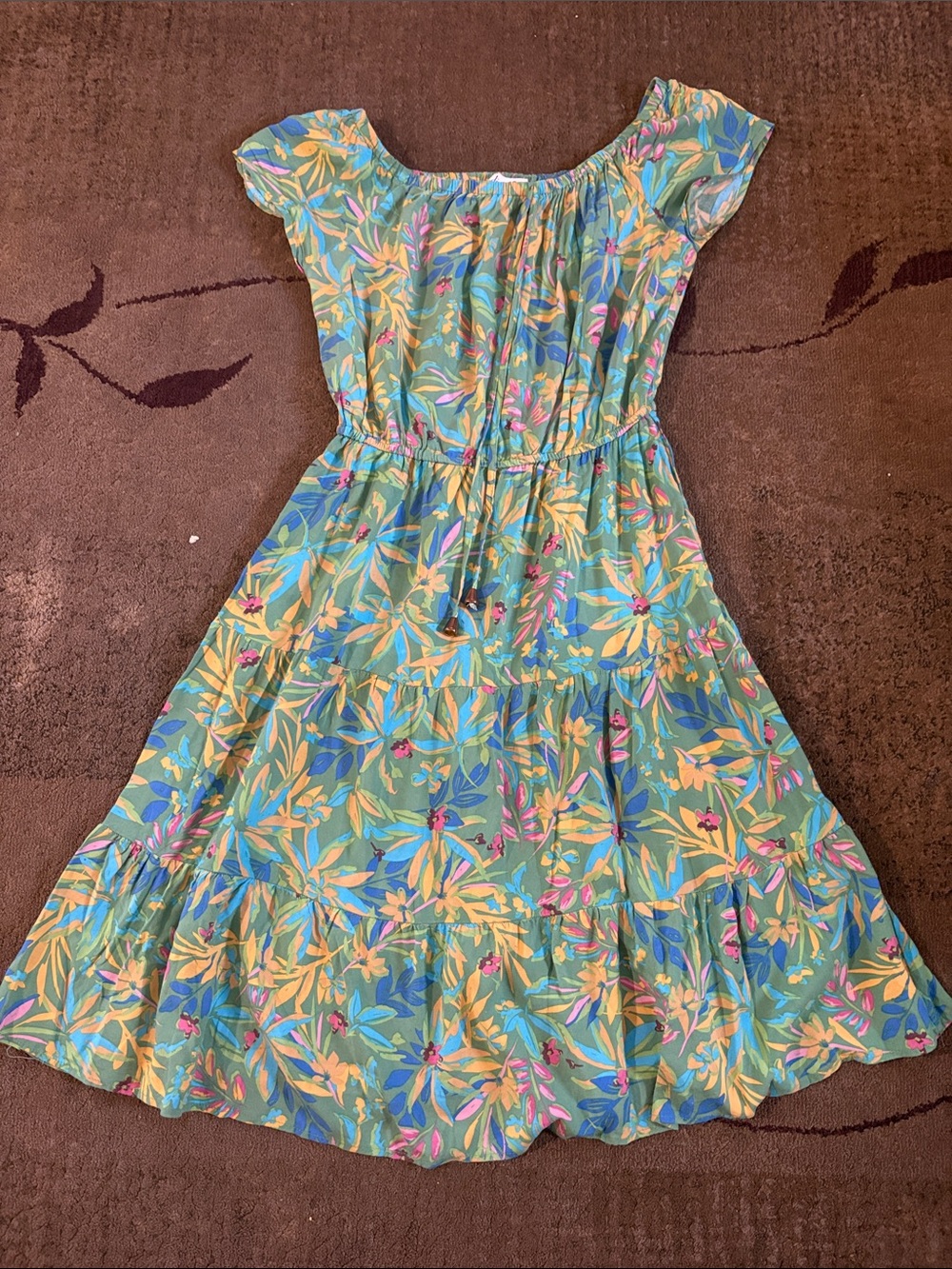 Green Floral Tiered Midi Dress with Elastic Waist and Flutter Sleeves